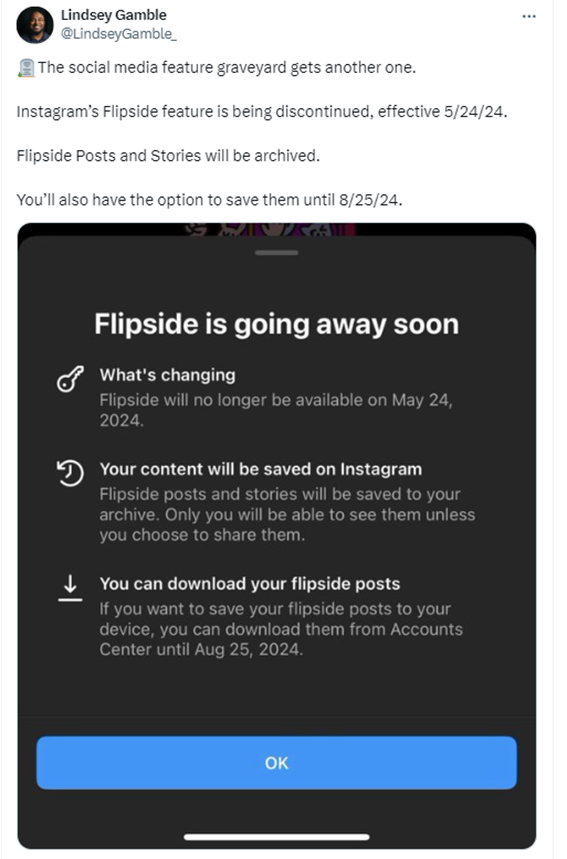 Instagram Update - End of Flipside Feature